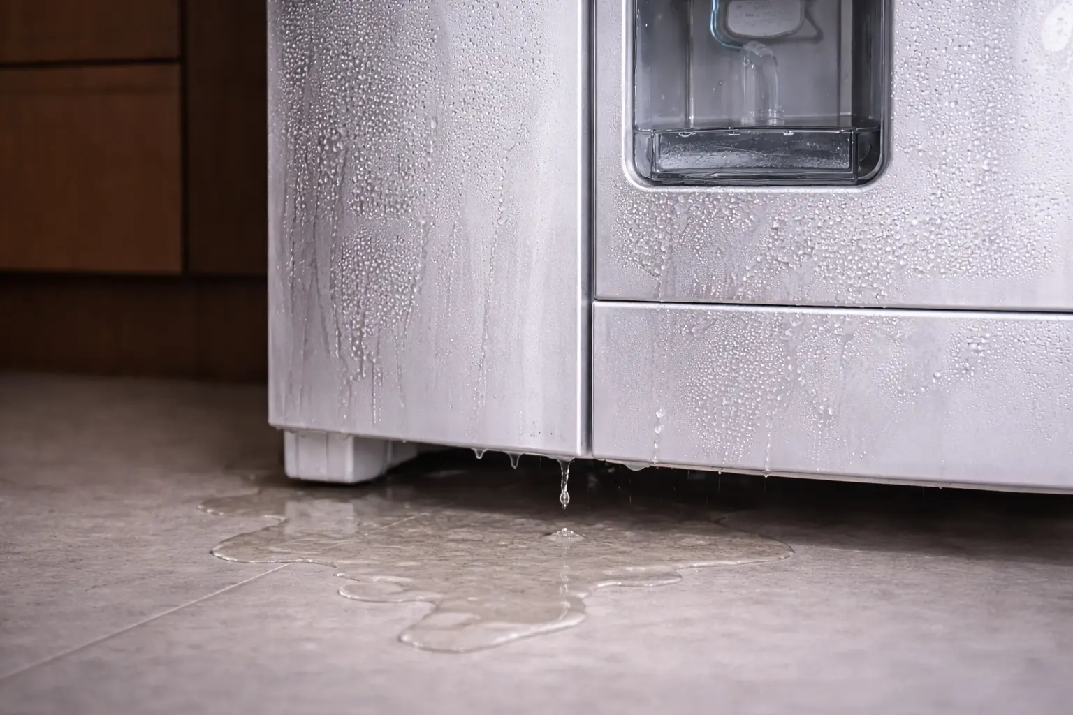 condensation on the refrigerator in the kitchen