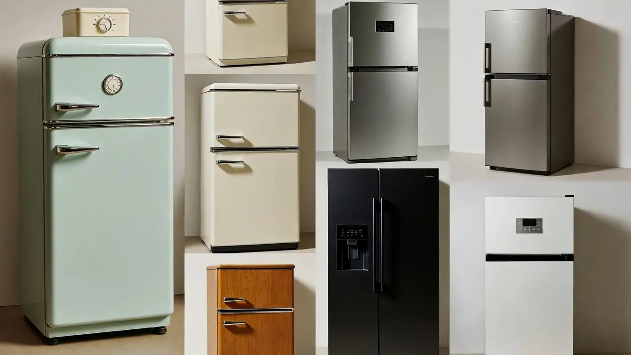 Collage of old and new refrigerator models